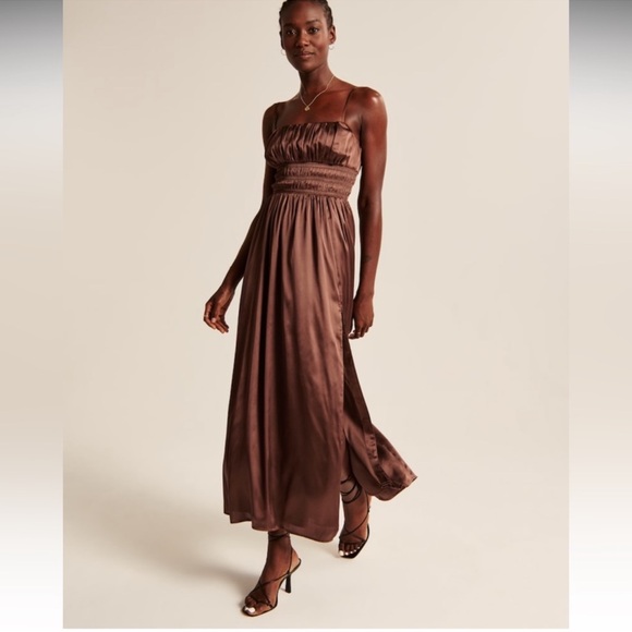 NWOT ABERCROMBIE & FITCH Satin MIDI/Maxi Dress Side Slit Silk like Satin (Brown) - Picture 4 of 4